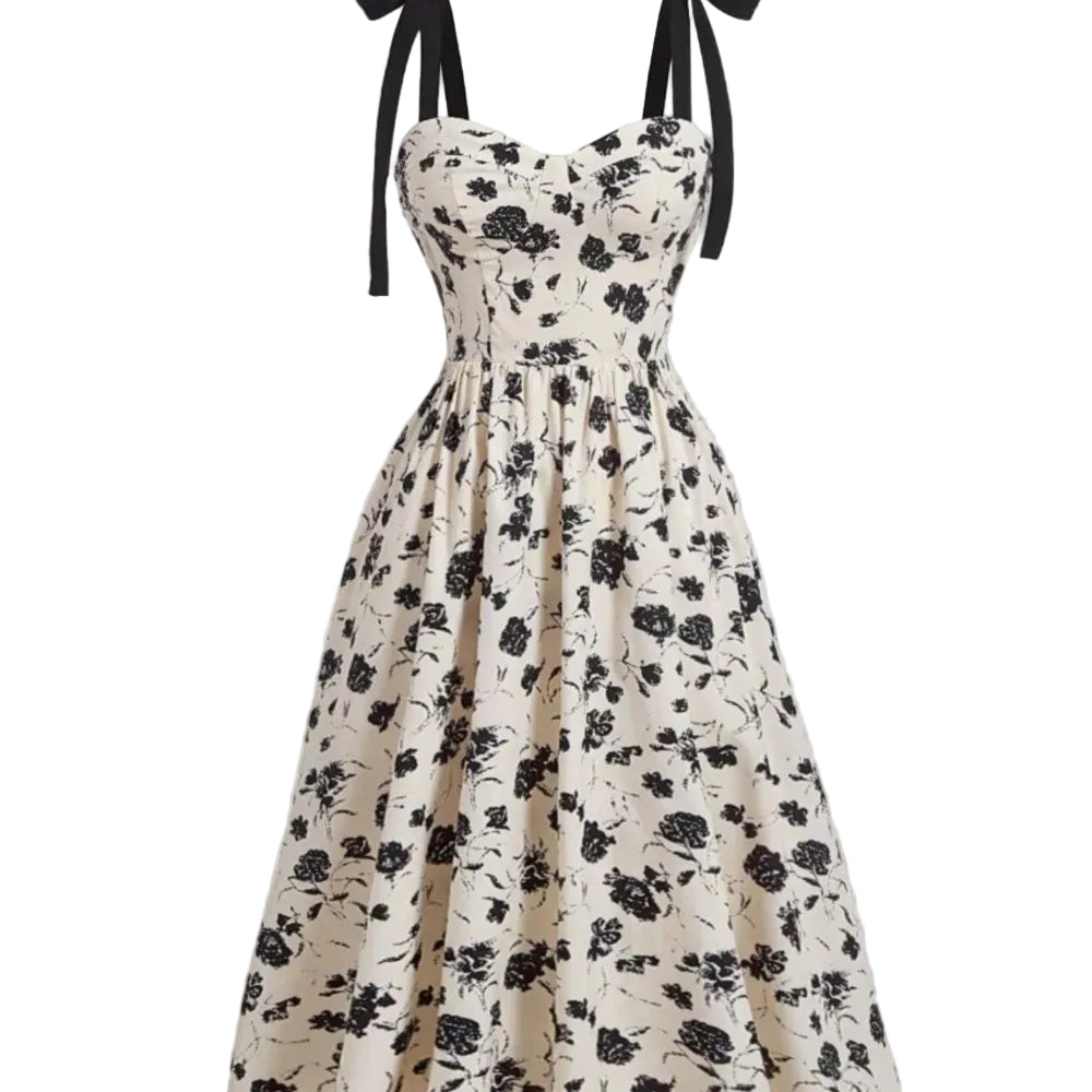 Robe mi-mollet bretelles fines imprimé floral