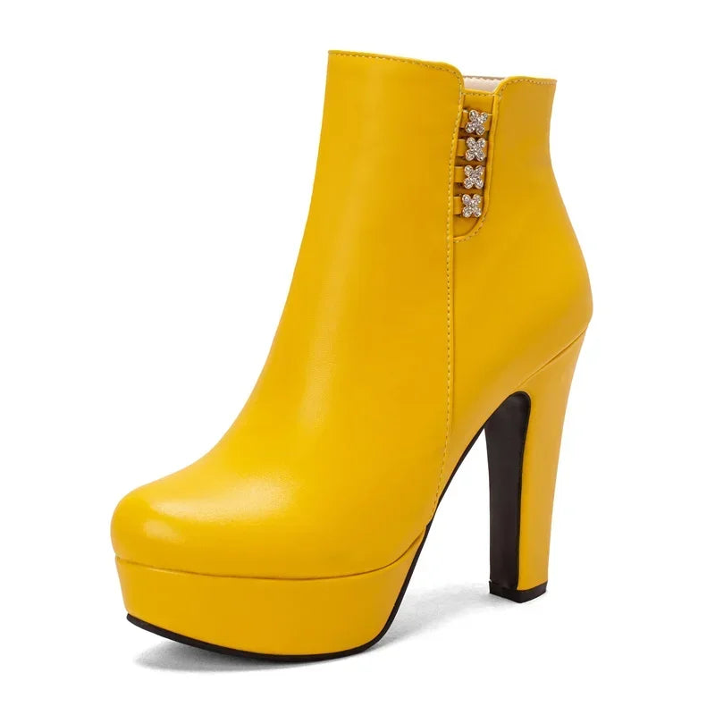 Damen-Stiefeletten mit Kristallblumenmuster, hohem Absatz und Reißverschluss für den Winter