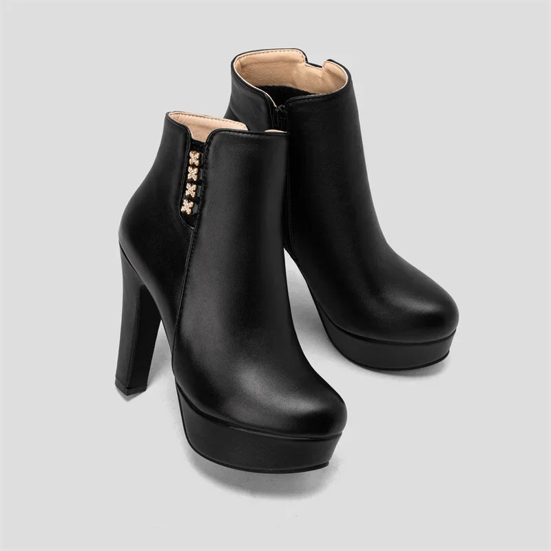 Damen-Stiefeletten mit Kristallblumenmuster, hohem Absatz und Reißverschluss für den Winter