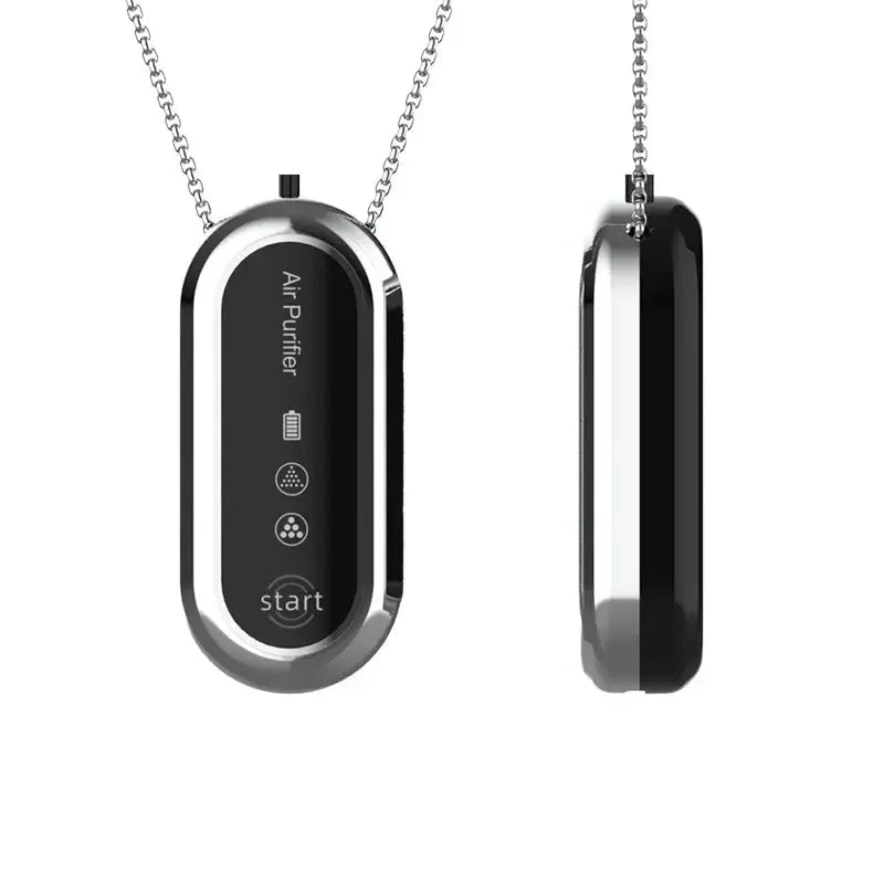 Purificateur d'air portable à suspendre, pendentif noir et argent avec chaîne.