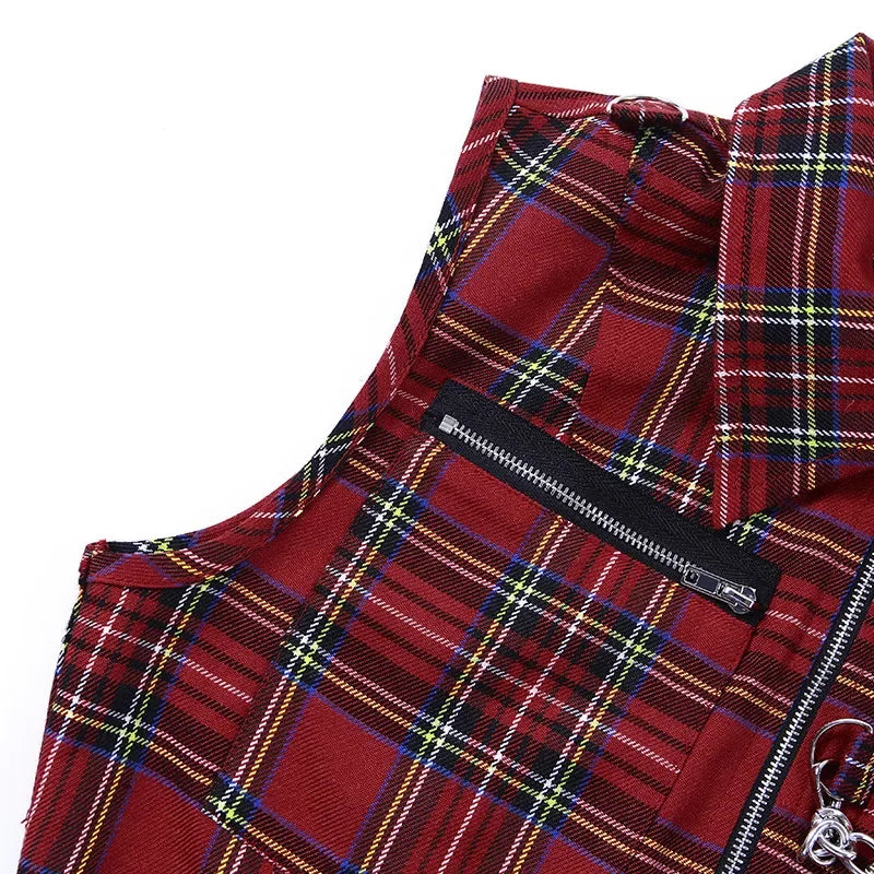 CORLVON T Shirt Punk Carreaux Fermeture Éclair Rouge