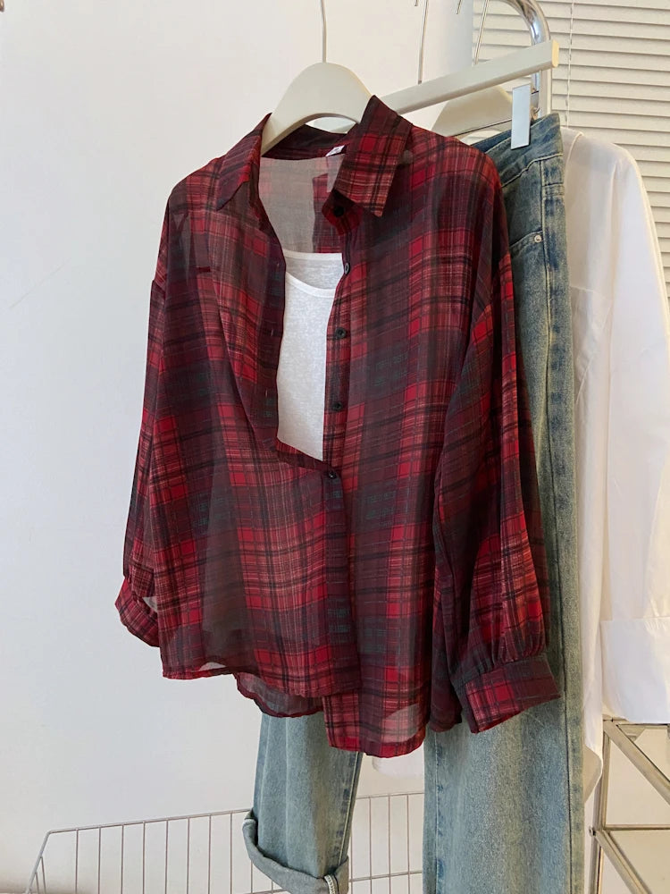 Chemise Protection Solaire À Carreaux Rouge Noir Manches Longues