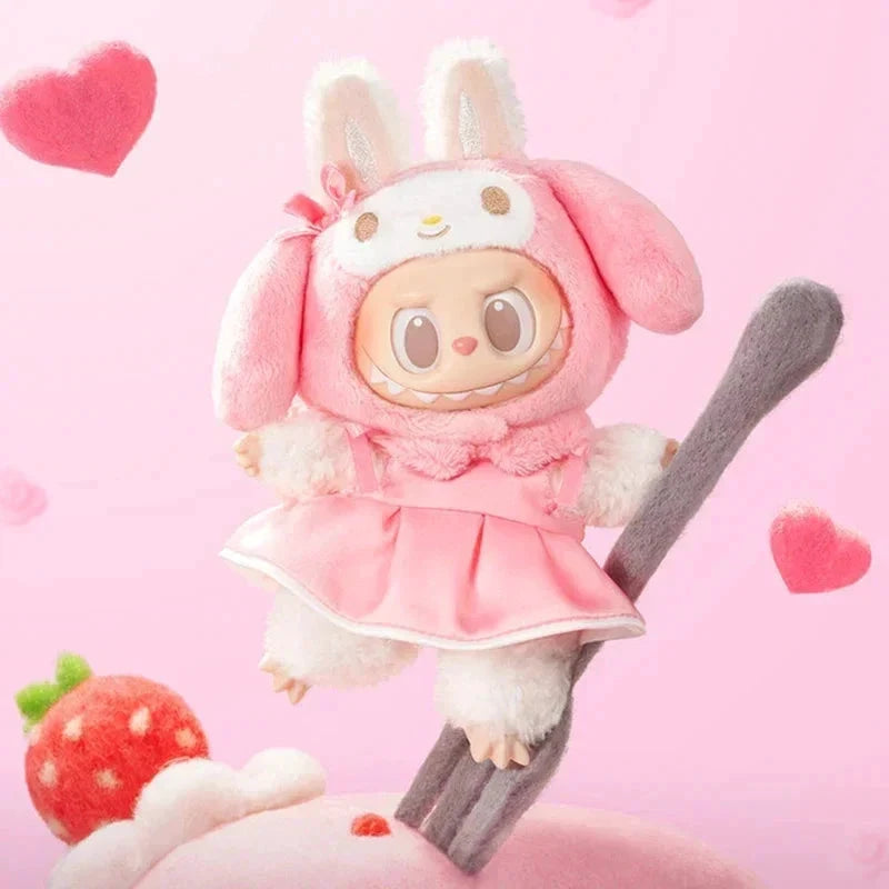 Porte-clé peluche Labubu Hello Kitty Sanrio, rose pastel, plush, POP MART