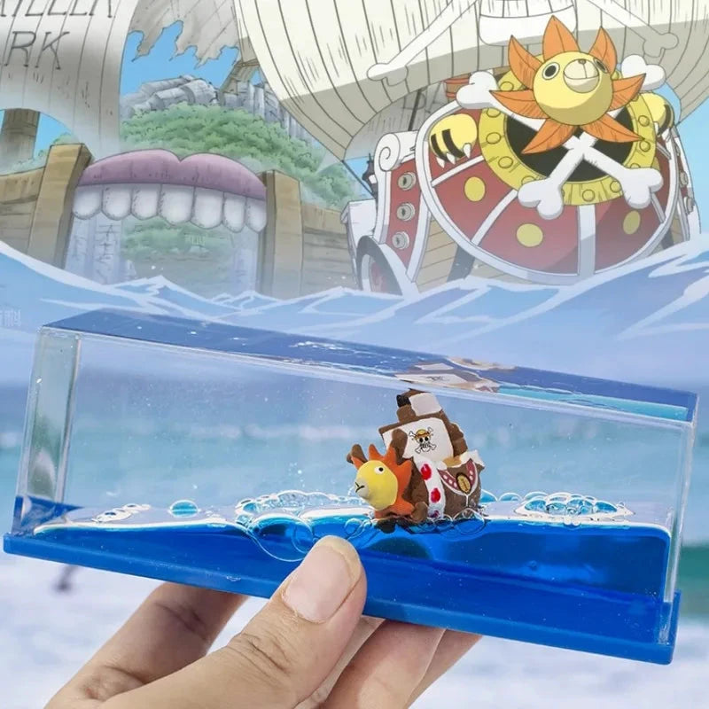 Décoration bateau flottant en liquide Going Merry MINISO, diorama miniature transparent sur socle bleu