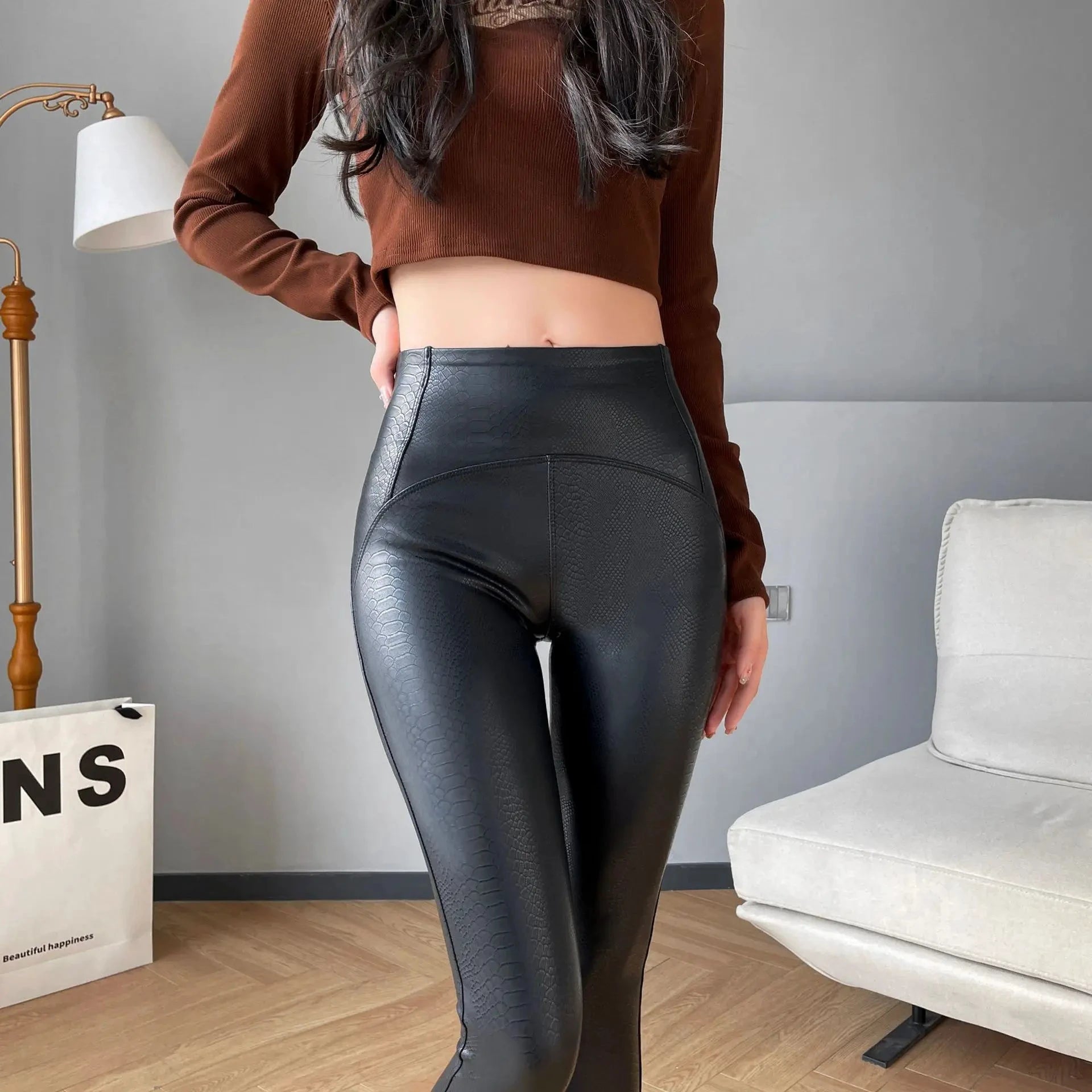 Schwarze Leggings aus PU-Leder mit Schlangenmuster und hohem Bund