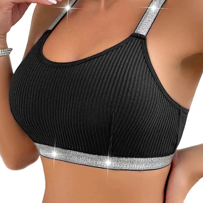 Schwarzes, geripptes Push-up-Bralette mit offenem Rücken und silbernen Trägern