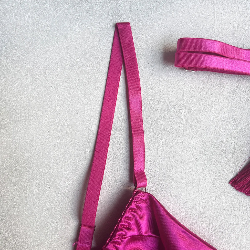 Ellolace Dessous-Set, feiner Satin und Spitze, Rot, 5-teilig