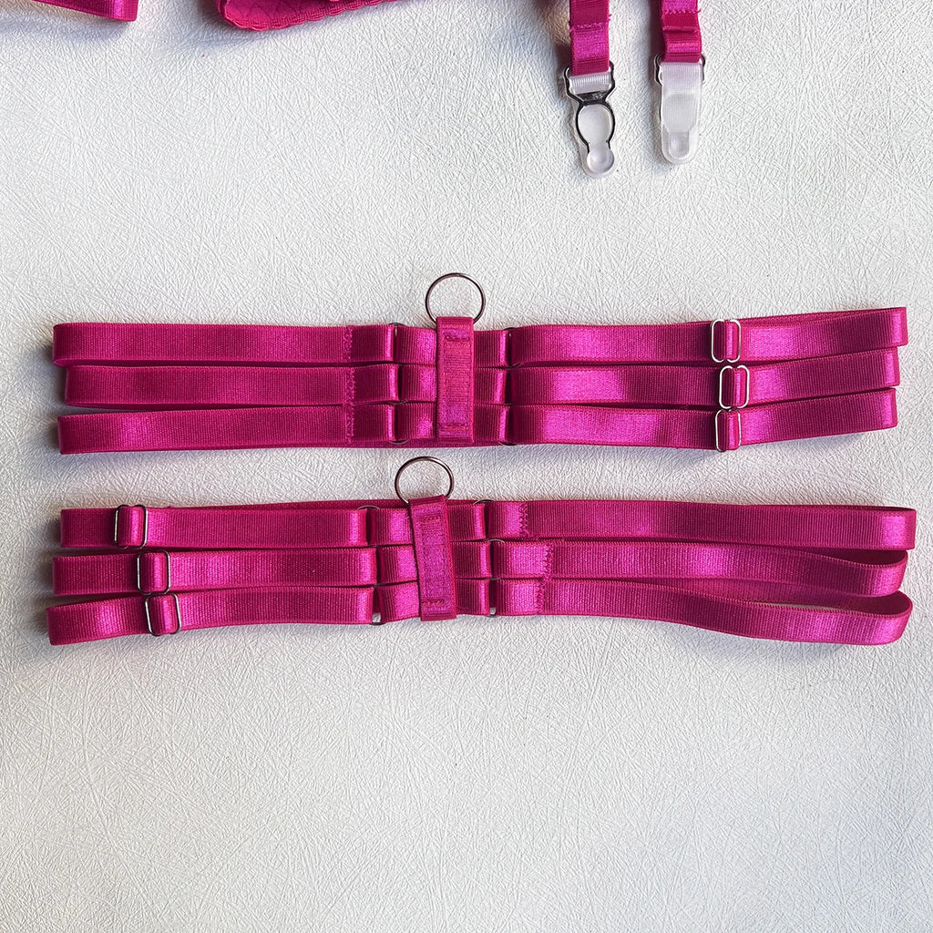 Ellolace Dessous-Set, feiner Satin und Spitze, Rot, 5-teilig