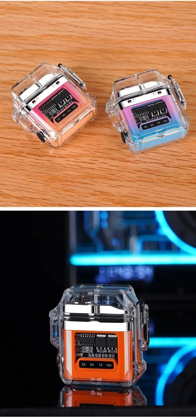 Transparentes elektronisches Feuerzeug mit Doppelbogen, wasserdicht, USB-Anschluss