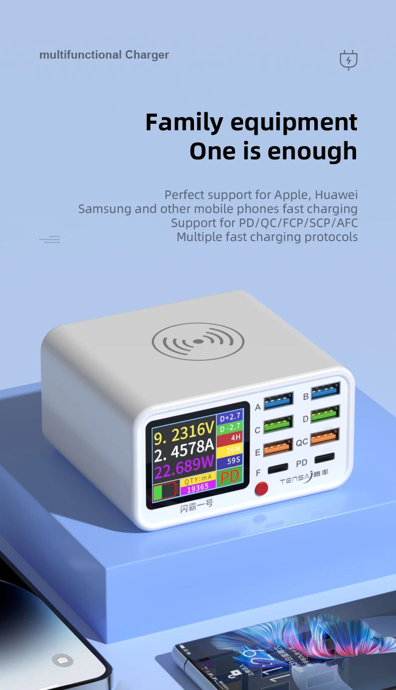 Tensa Station De Charge USB Sans Fil 8 Ports Qi PD