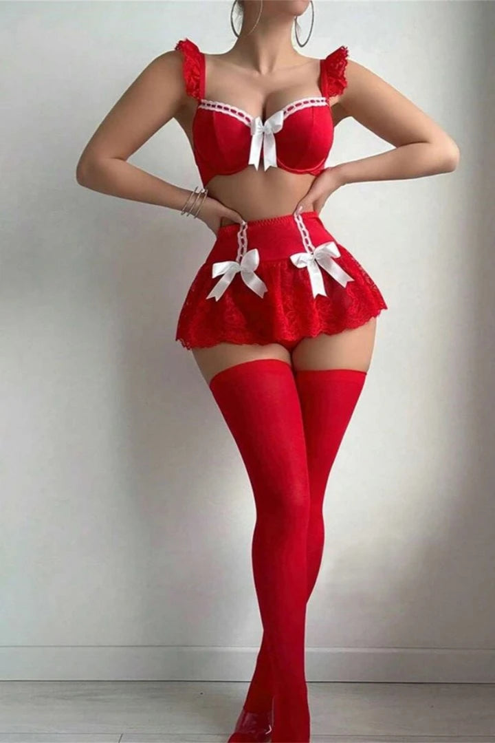 Dedomon Rotes Spitzen-Maid-Cosplay-Dessous-Set