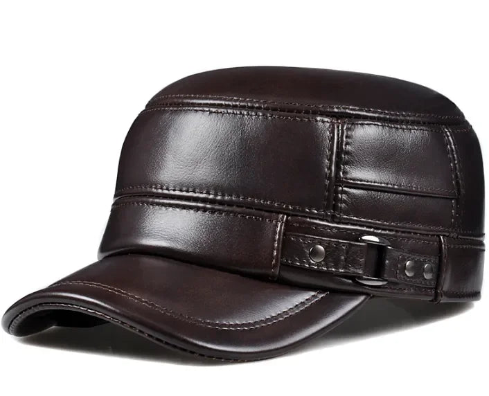 LKSORL Casquette Hiver Cuir Véritable Marron Militaire