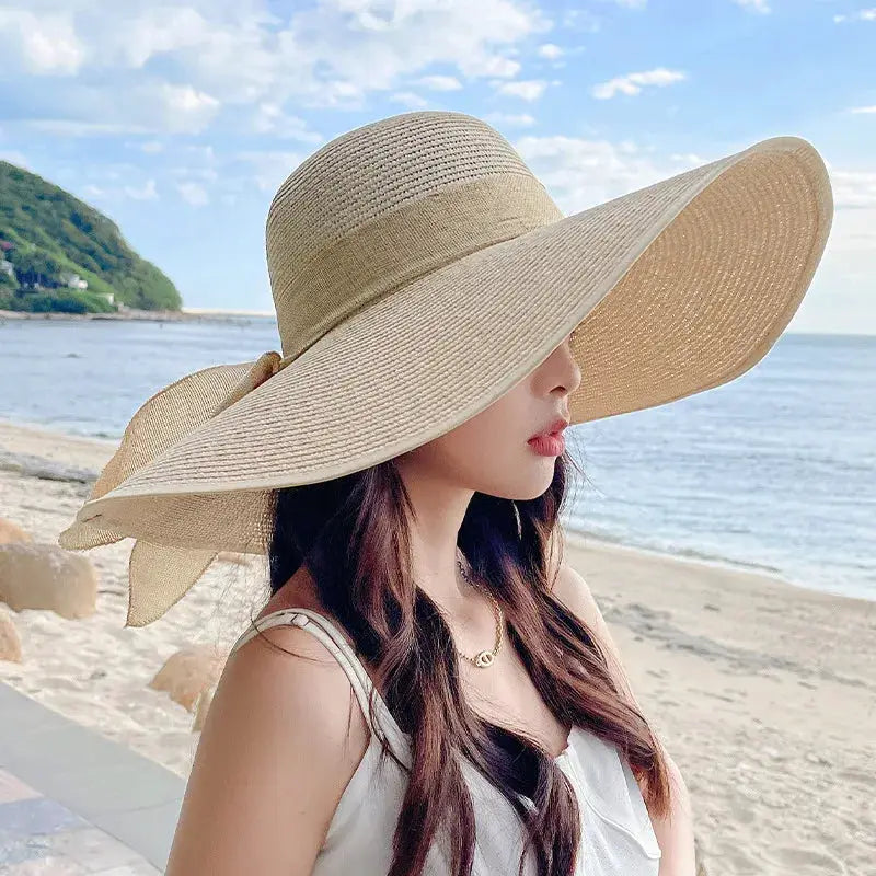 Chapeau de plage en paille à grand bord et nœud décoratif - LSDLBoutique