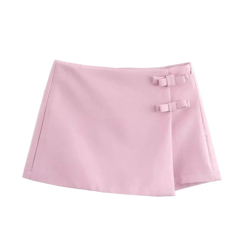 Jupe courte femme – Skort rose clair, effet wrap et deux petits noeuds sur le côté