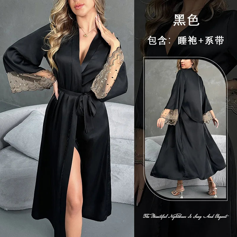 Schwarzes Satin-Nachthemd von Niuniushow mit V-Ausschnitt und langen Spitzenärmeln