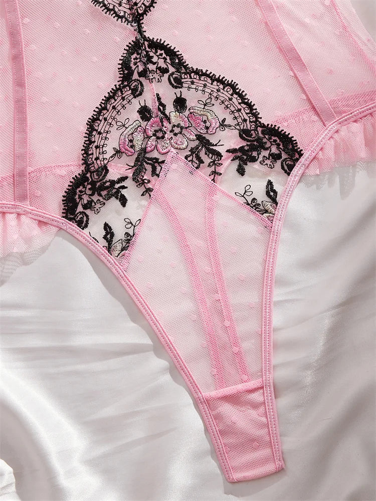 Rosa Dessous-Body mit floraler Stickerei – figurformender Mesh ohne Ärmel