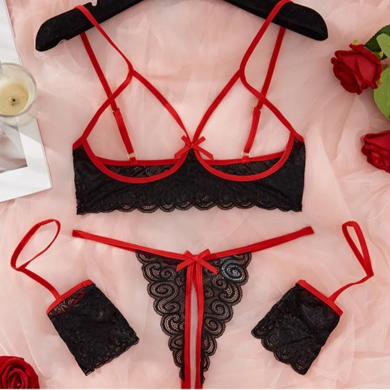 Tornova Lingerie Spitzen-Schleifen-Strumpfband Schwarz Rot