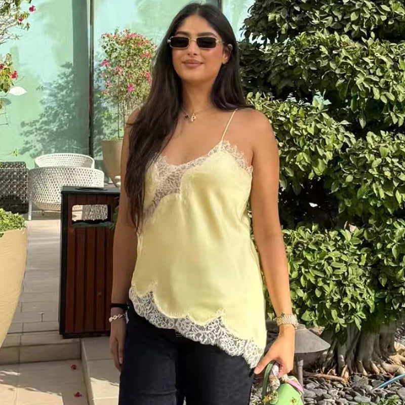 HXAO Camisole À Bretelles Satin Polyester Dentelle Jaune Pâle