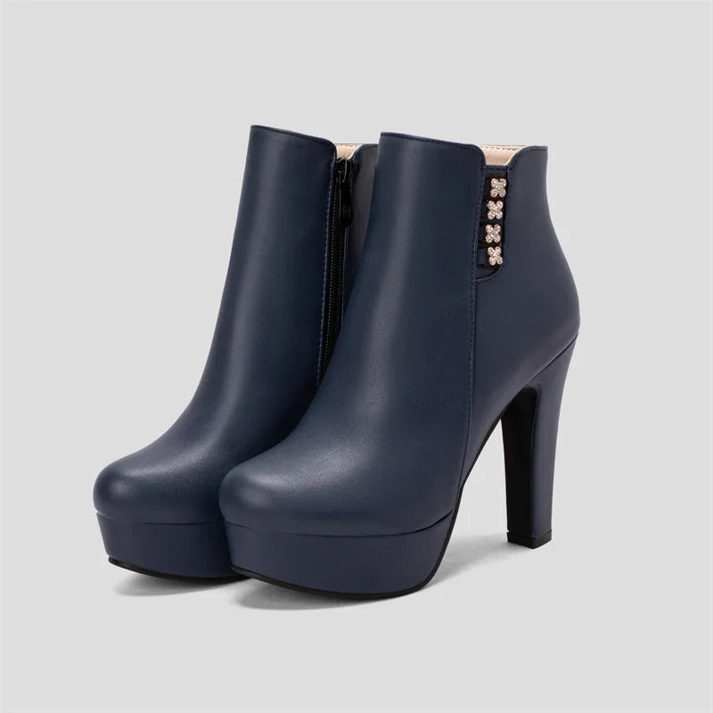 Damen-Stiefeletten mit Kristallblumenmuster, hohem Absatz und Reißverschluss für den Winter