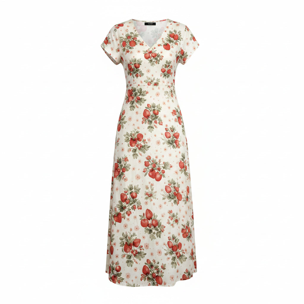 Women's Bohemian Floral Long Dress, V-Neck, Short Sleeve, Side Slit, Casual, for Beach and Travel