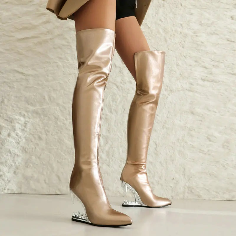 Damen-Oberschenkelstiefel, kniehoch, weit geschnitten, mit Tigerhai-Zähnen