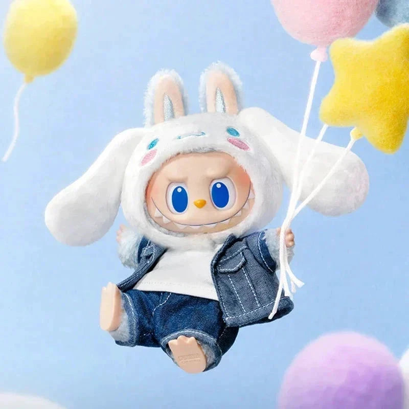 Porte-clé peluche POP MART Labubu Hello Kitty; lapin blanc avec veste en jean et ballons