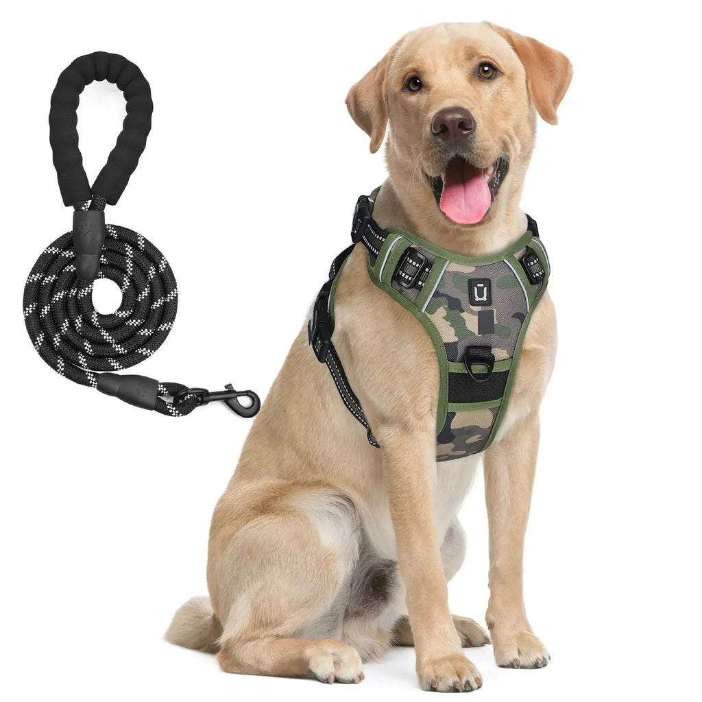 Harnais de gilet camouflage pour chien avec laisse tressée noir/blanc, réglable