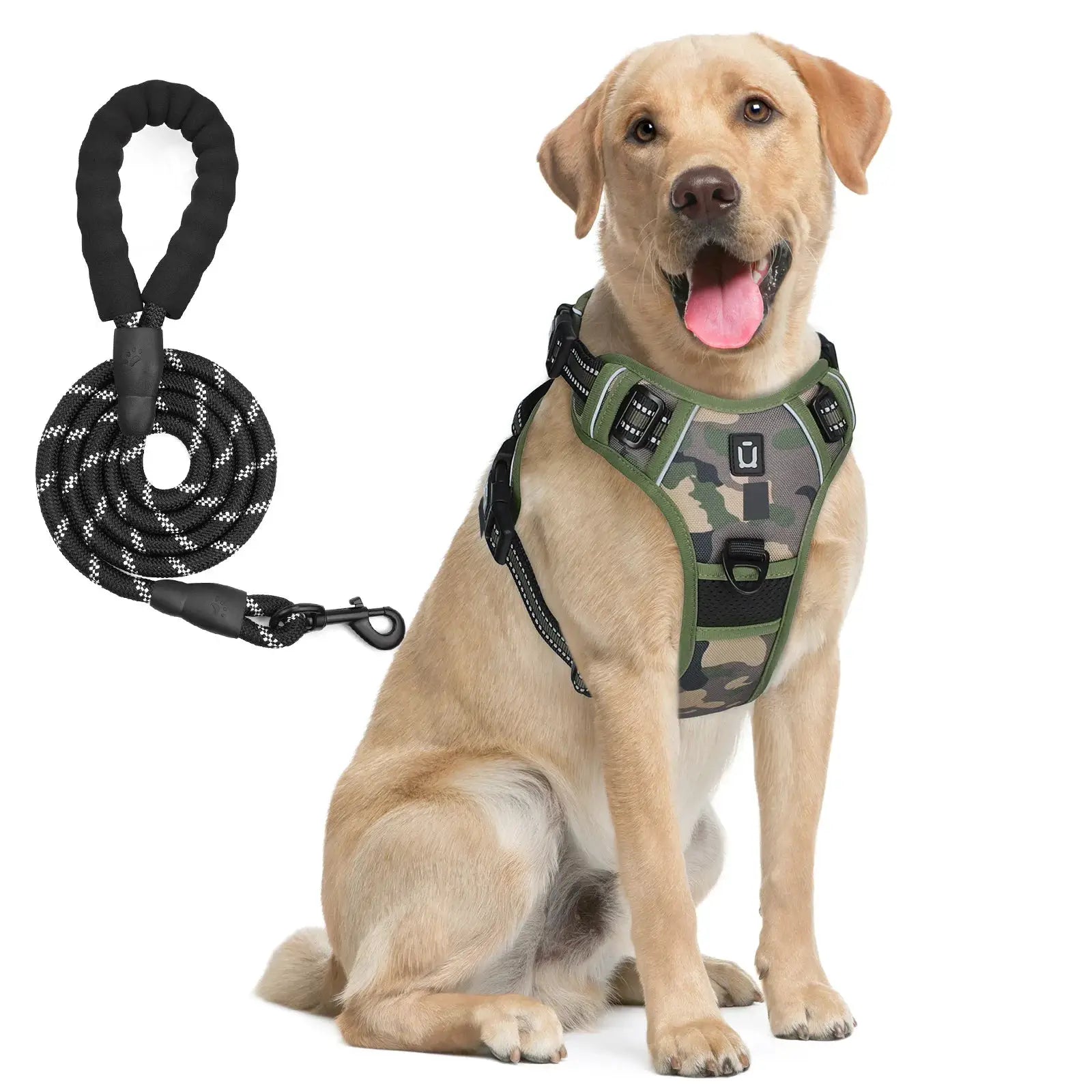 Harnais de gilet camouflage pour chien avec laisse tressée noir/blanc, réglable