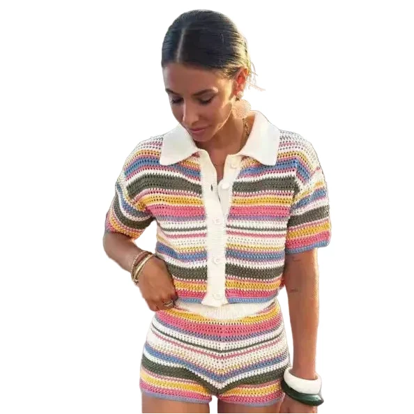 Les Secrets de Léa – Ensemble maille crochet rayé short et polo – Samia