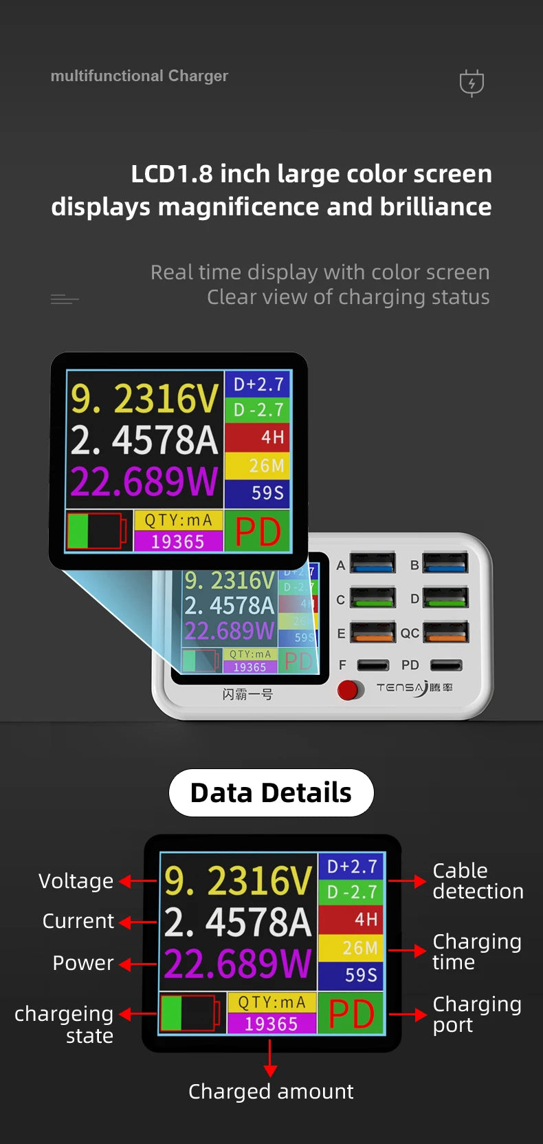 Tensa Station De Charge USB Sans Fil 8 Ports Qi PD