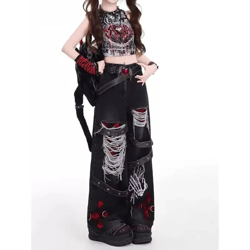 Schwarze Damen-Jeans, amerikanischer Stil, lässiger Used-Look