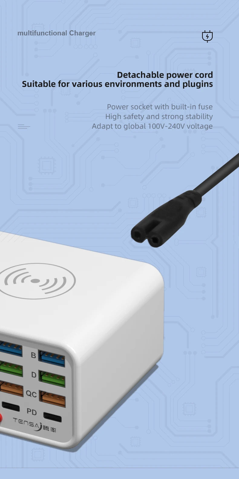 Tensa Station De Charge USB Sans Fil 8 Ports Qi PD