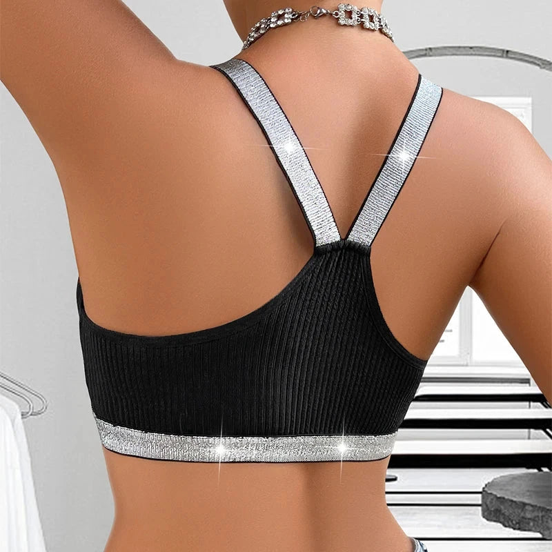 Schwarzes, geripptes Push-up-Bralette mit offenem Rücken und silbernen Trägern