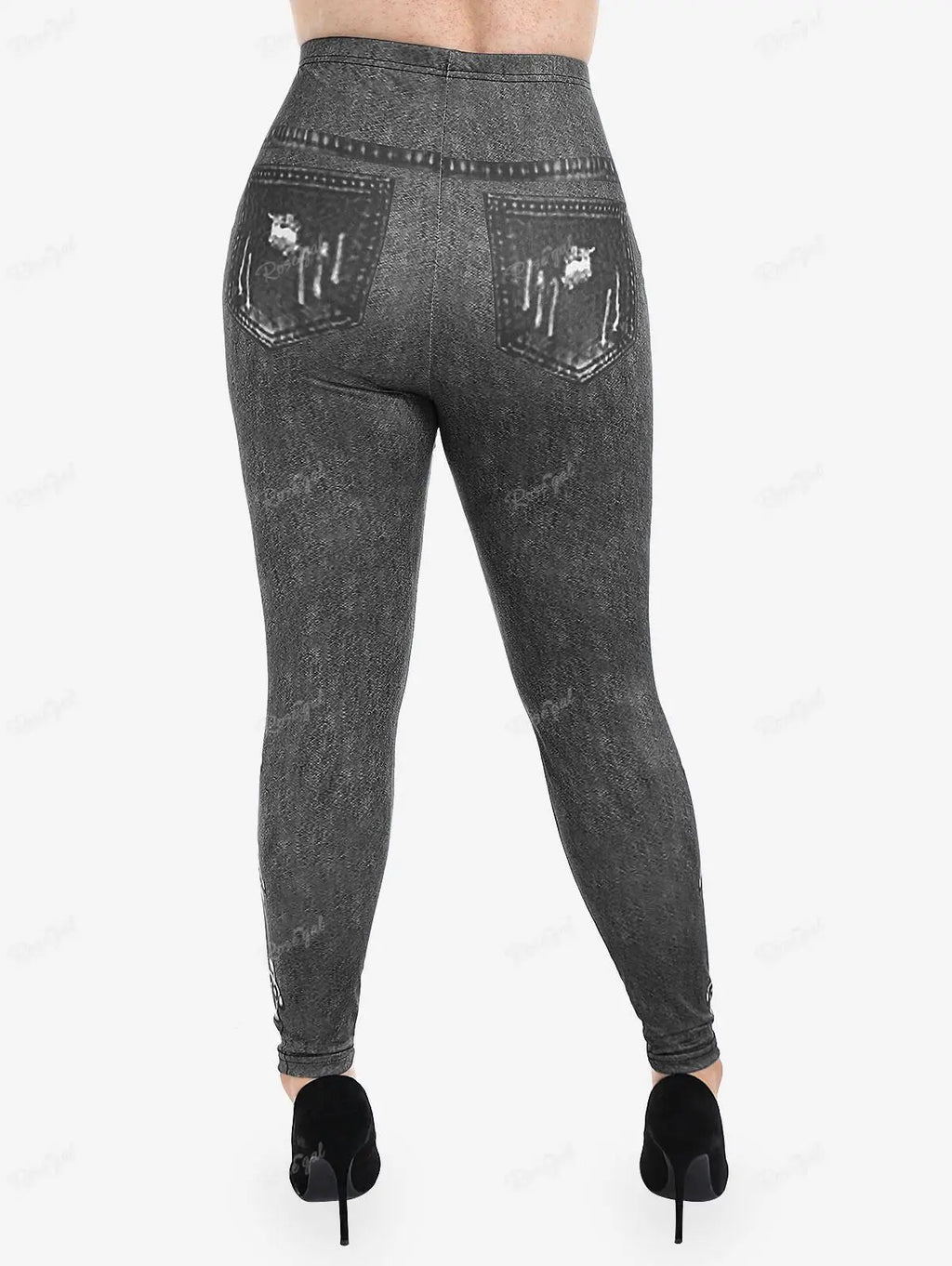 Gothic Leggings in Übergröße 5XL, bedruckte Schnallen, 3D-Reißverschluss, Pink