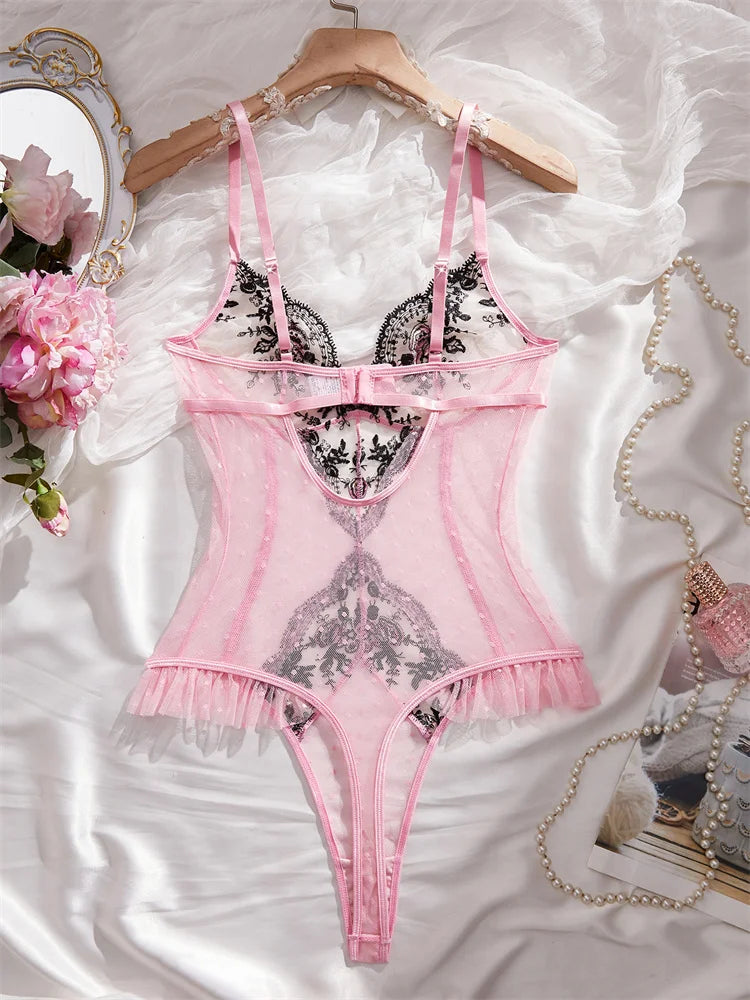 Rosa Dessous-Body mit floraler Stickerei – figurformender Mesh ohne Ärmel