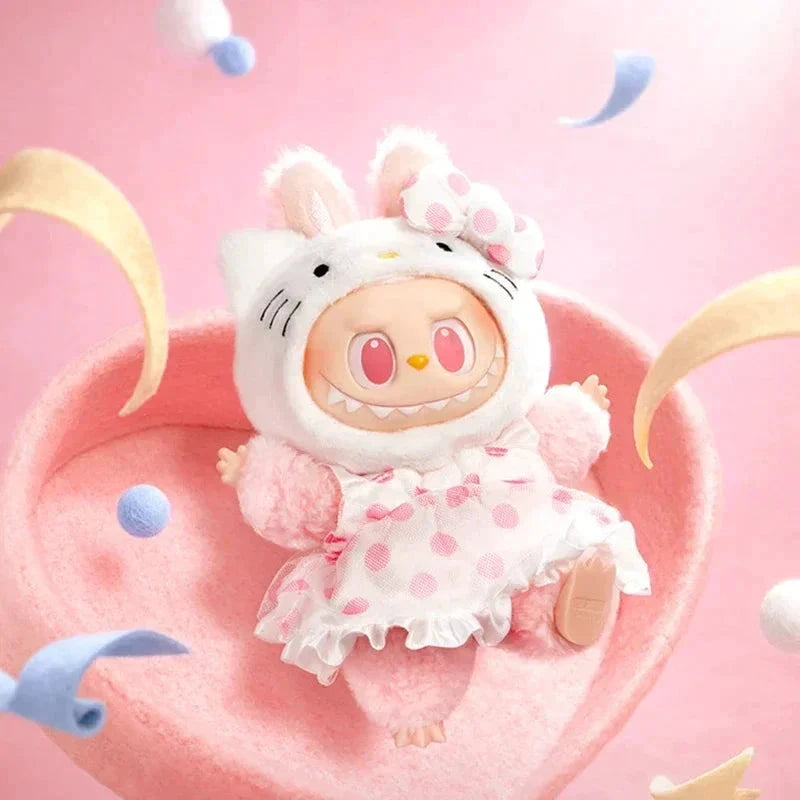 Porte-clé peluche POP MART Labubu × Hello Kitty, rose et blanc, accessoire Sanrio