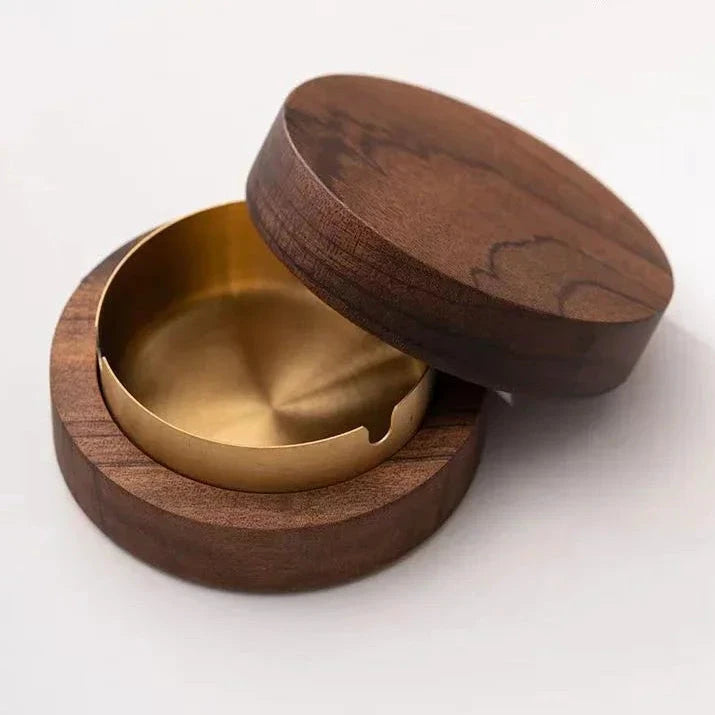 Cendrier de bureau en noyer et inox, rond avec couvercle