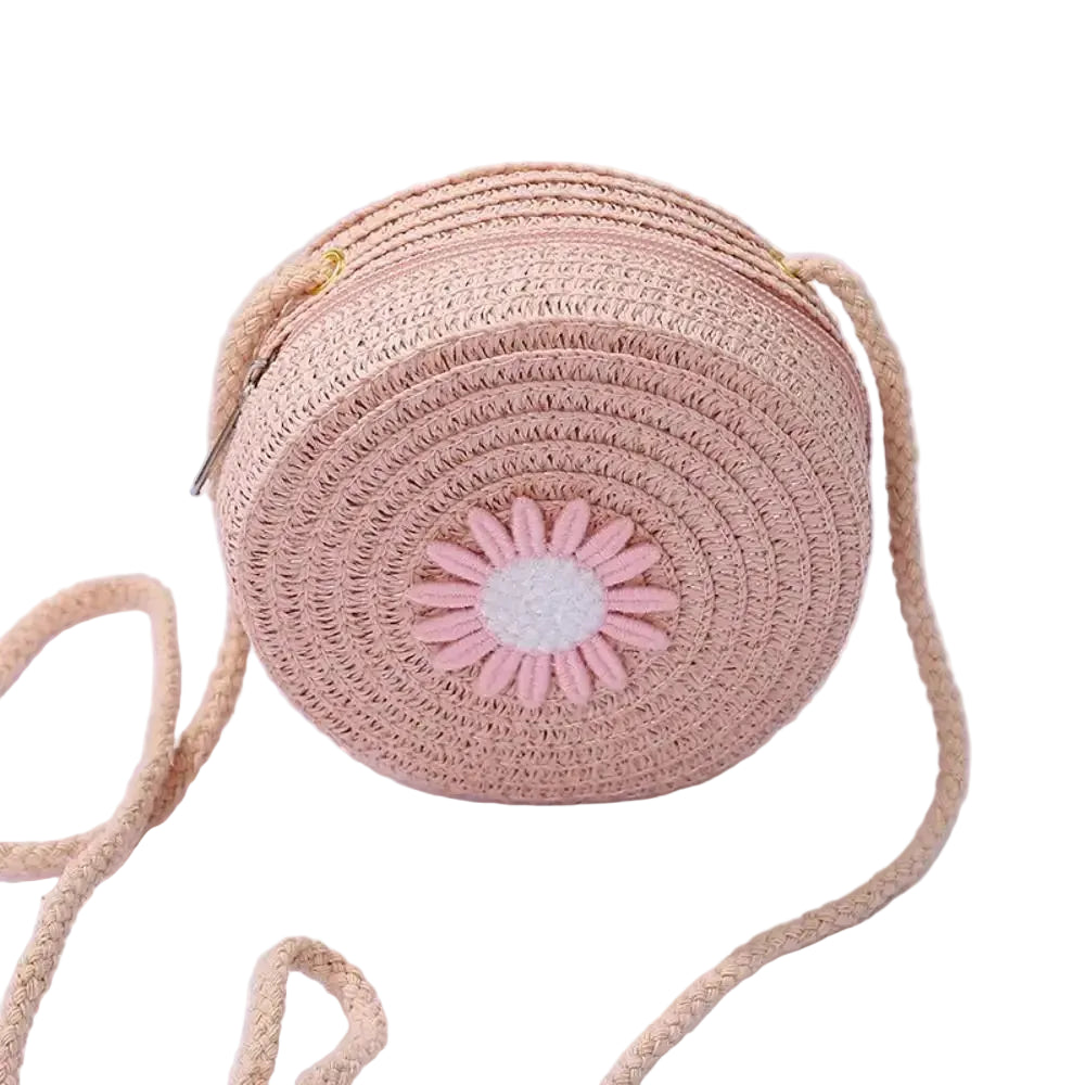 Sac à main rond en paille tressée – Motifs bonbons – Bandoulière fait main
