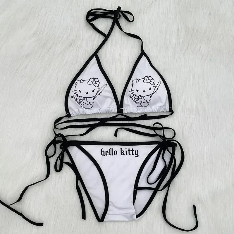 Kawaii Cosplay Two-Piece Bikini with Cat Print – Kuromi Y2K