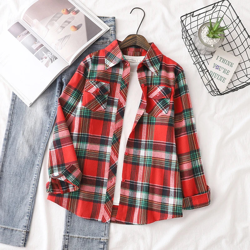 Chemise Femme Flanelle De Coton Carreaux Slim Fit Manches Longues