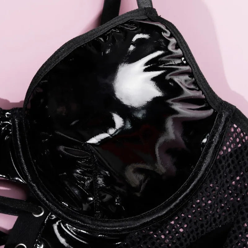 Tornova Lingerie Schwarzes Patchwork-Bustier und Höschen aus PU-Leder mit Schnürung