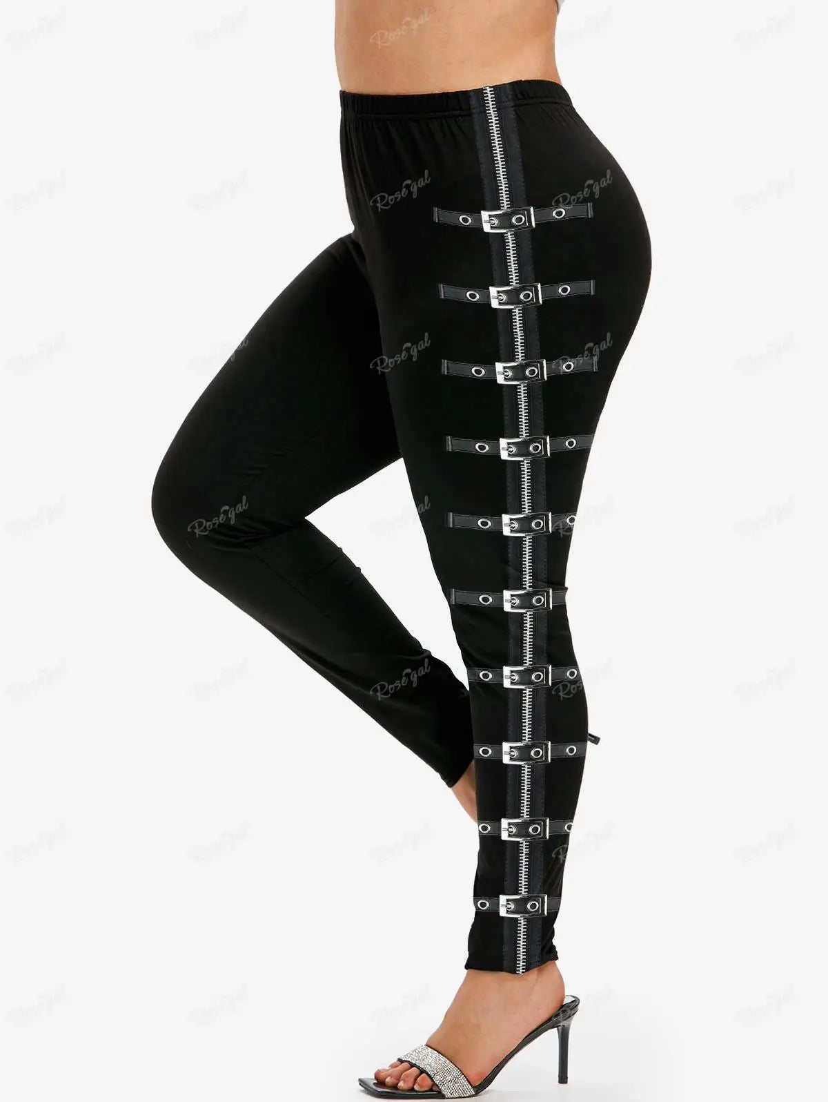 Gothic Leggings in Übergröße 5XL, bedruckte Schnallen, 3D-Reißverschluss, Pink