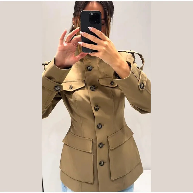 Nonen Veste Pilote Femme Polyester Marron Fermeture Éclair Revers Ample