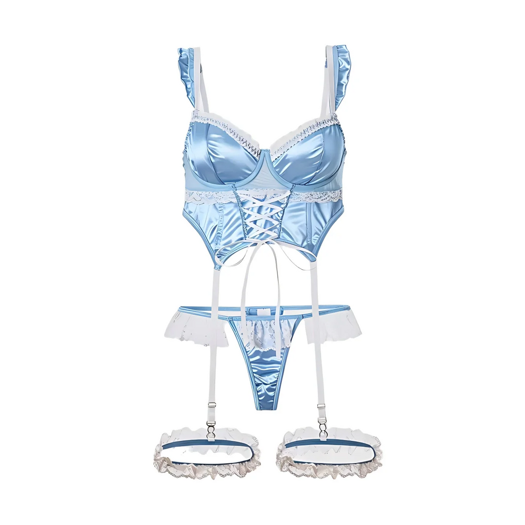 Jacquard Satin Lingerie Set – Sweetheart Bustier, Front Lace-Up