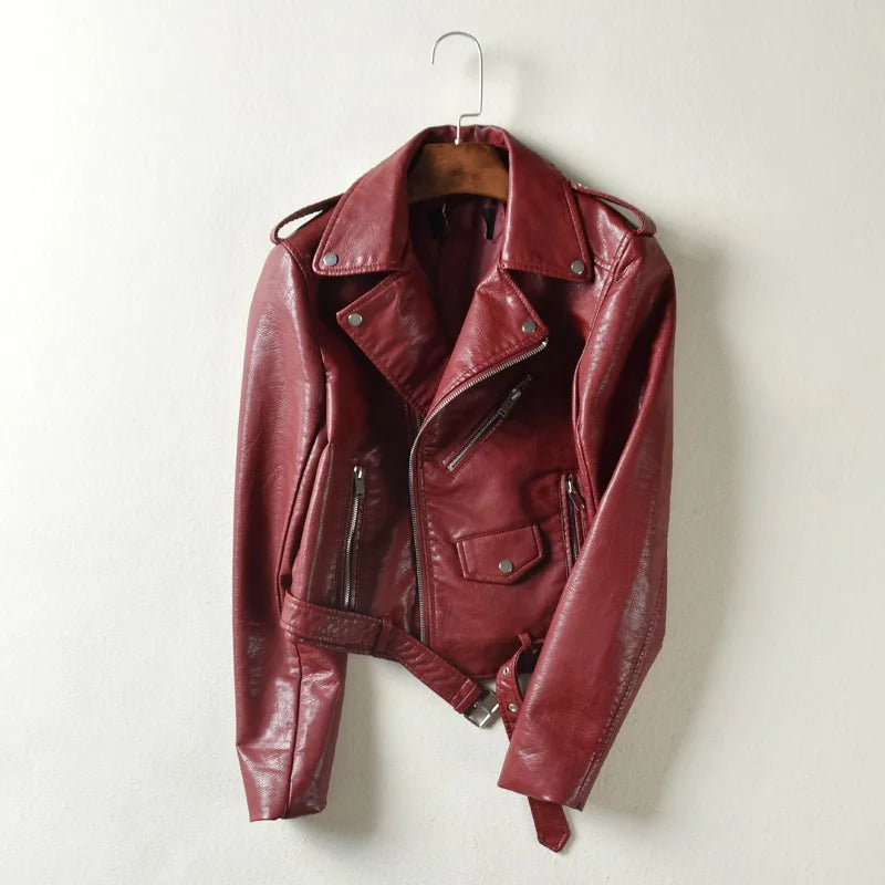Veste Moto Cuir Noire Femme Style Punk Fermeture Éclair