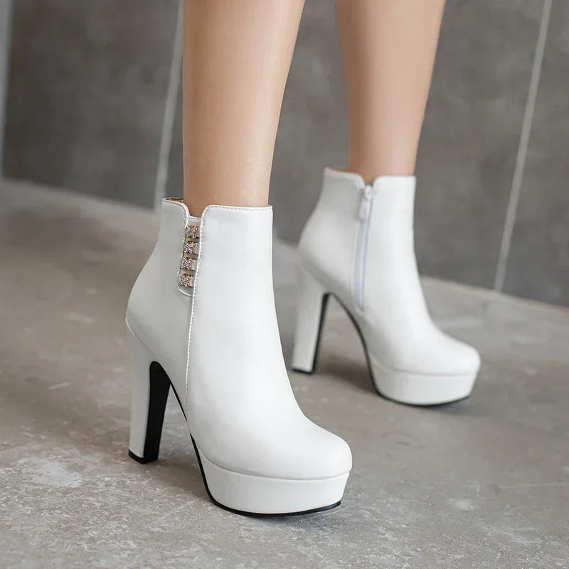 Damen-Stiefeletten mit Kristallblumenmuster, hohem Absatz und Reißverschluss für den Winter