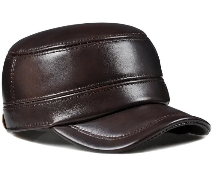 LKSORL Casquette Hiver Cuir Véritable Marron Militaire