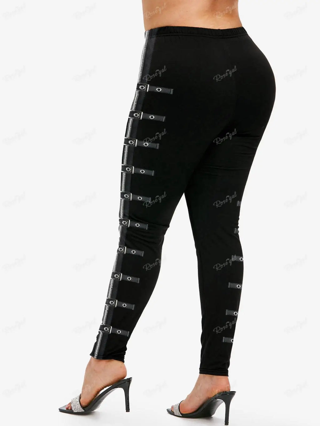 Gothic Leggings in Übergröße 5XL, bedruckte Schnallen, 3D-Reißverschluss, Pink