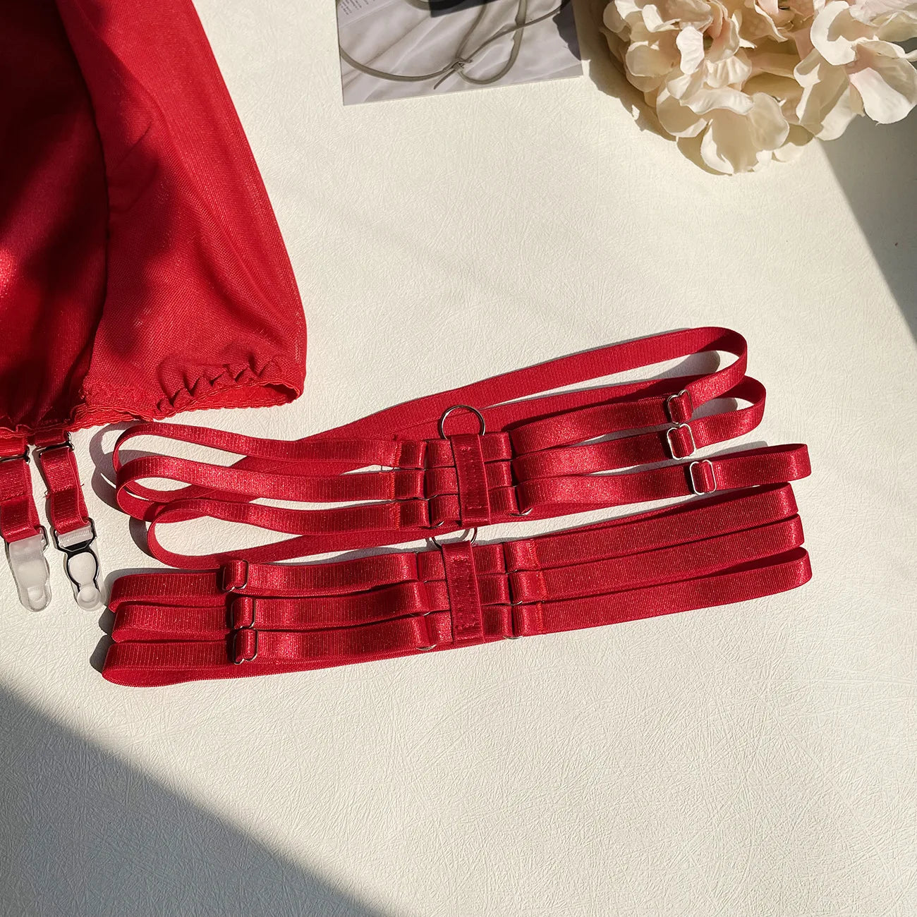 Ellolace Dessous-Set, feiner Satin und Spitze, Rot, 5-teilig