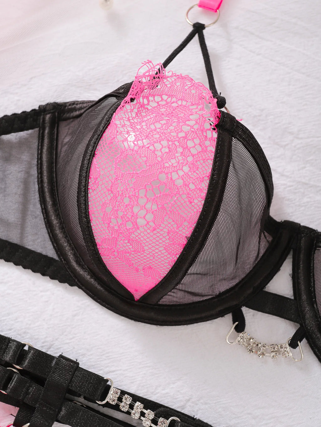SMPG Ethisches Mesh-Dessous-Set, Rosa und Schwarz, Träger